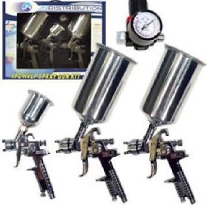 4PC HVLP Stainless AIR Gravity Feed Spray Paint Guns 0.8mm 1.4mm 1.7mm + Gauge