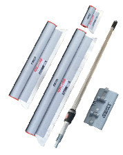 Drywall Skimming Blade Set, of 10", 24", and 32" aluminum-body skimming blades, a 37-63-inch extendable handle, and a convenient adapter.