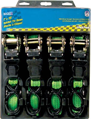 4 pc 1"x 15' Ratchet Tie Down Set - 1500 LB BS