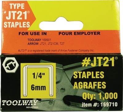 Staples JT21 1/4in x 7/16in Crown 20ga 5000/pkg Toolway