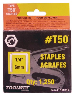 Staples T50 1/4in x 3/8in Crown 20ga 5000/pkg Toolway