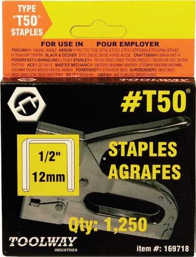 Staples T50 1/2in x 3/8in Crown 20ga 4 x 1250/pkg toolway