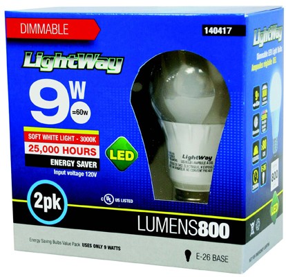 Bulb LED SOFT WHITE E-26 Base (A19)9W 3000K Dimmable 2/pkg