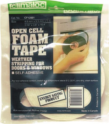 Foam Tape Weather Stripping 3mm x 9mm x 17ft/5.2m White RCR CF12001