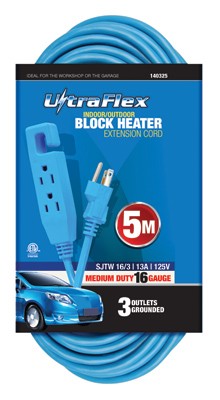 Ext Cord 5m SJTW 16/3 3-Outlet Block Heater