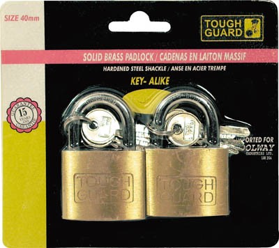 Padlock Brass 1 1/2In 40mm Key Alike 2/pkg