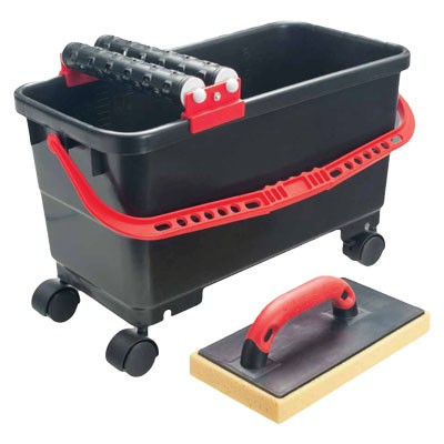 Tile Grout Washing Set (24lt bucket w/wheels, Twin Wash Rollers & Hydro Sponge Float w/TPR Soft Gri