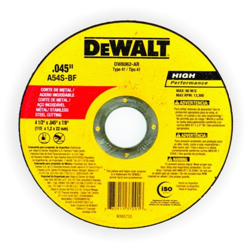  DEWALT  High performance Meta& Stainless steel cutting blade 4.1/2 115 X 22.2 1.2MM 2T INOX  DW8062-AR  - DEWALT