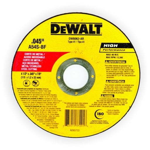  DEWALT  High performance Meta& Stainless steel cutting blade 4.1/2 115 X 22.2 1.2MM 2T INOX  DW8062-AR  - DEWALT