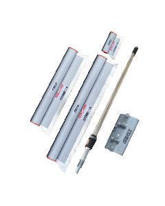 Drywall Skimming Blade Set, of 10", 24", and 32" aluminum-body skimming blades, a 37-63-inch extendable handle, and a convenient adapter